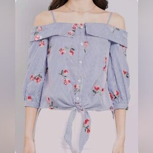 New Haute Project LA Off Shoulder Front Tie Stripe Embroidered Floral Top Size S